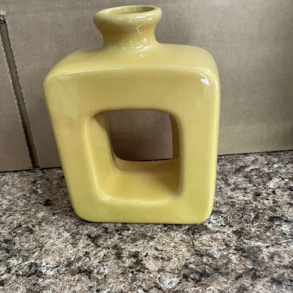 Yellow Ceramic Vase Square Rustic Home Decor Minimalist Nordic Boho
